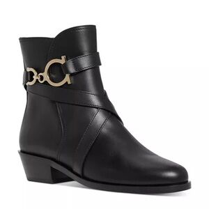 New in box never worn Salvatore Ferragamo Black Ankle Boots with Gold Detail